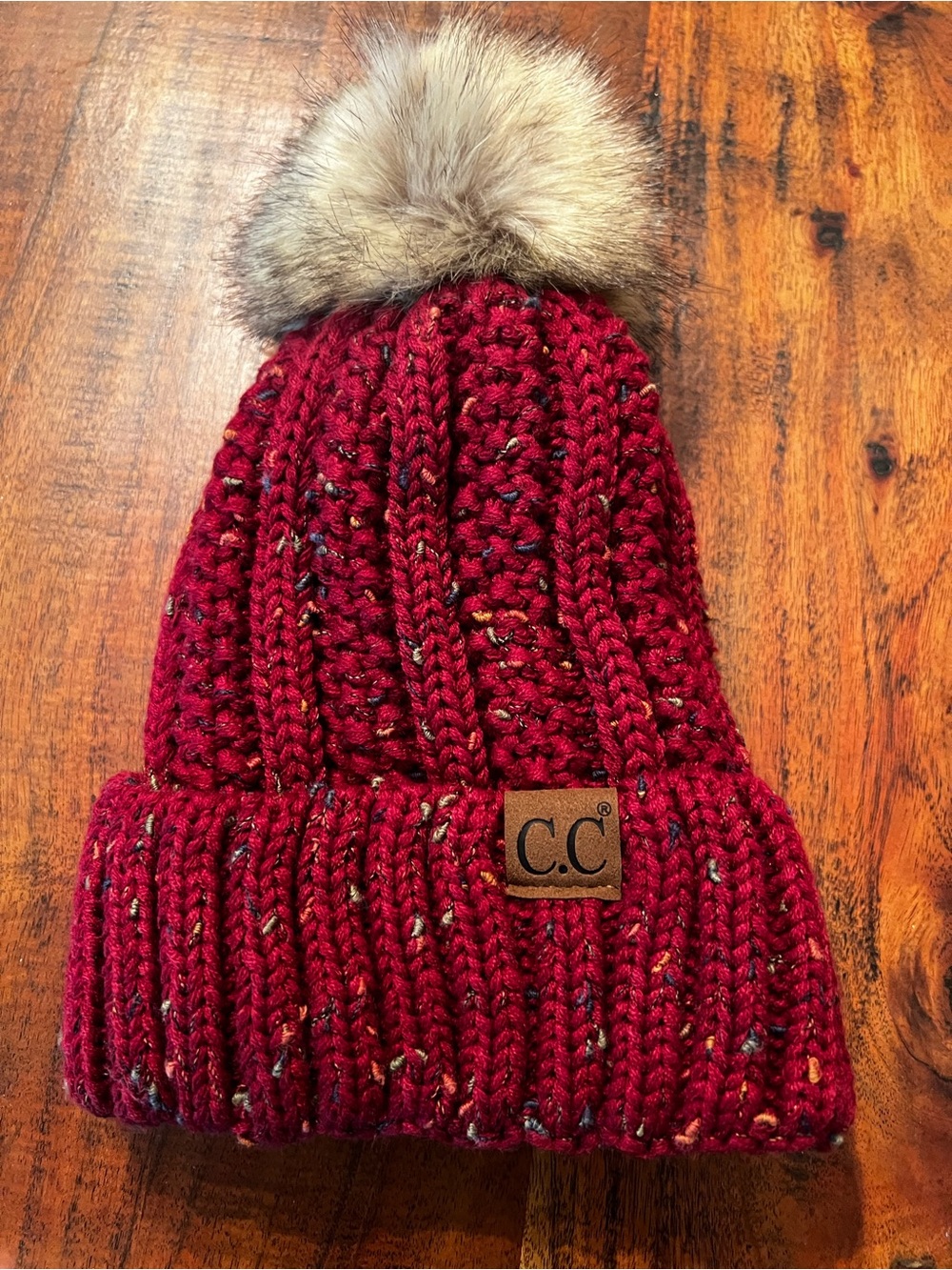 C.C Maroon Knit Pom Beanie with Faux Fur